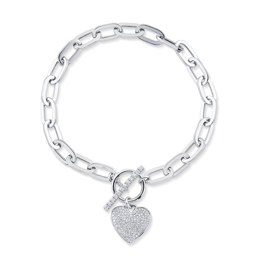 Shy Creation 14K Diamond Paper Clip Link Pave Heart Bracelet