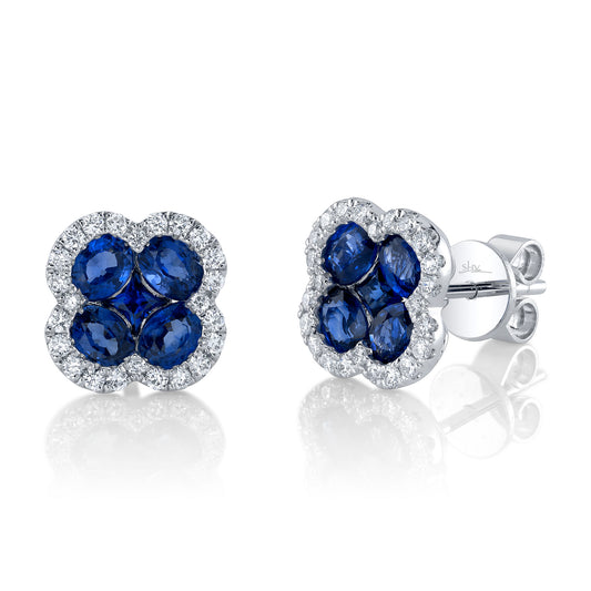 Shy Creation Diamond & Blue Sapphire 14K Clover Stud Earring
