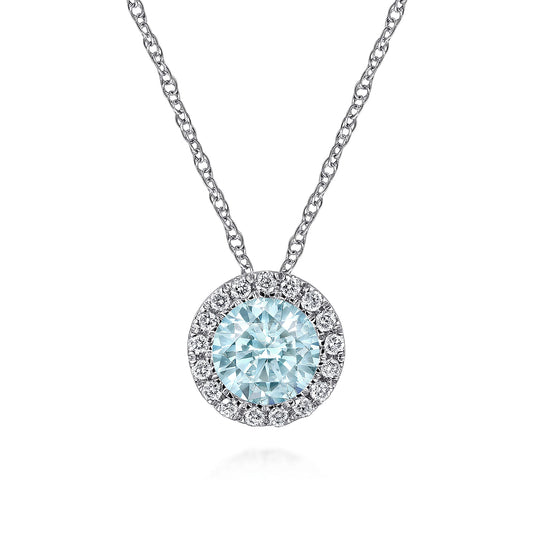 Gabriel & Co. Aquamarine And Diamond Halo Pendant Necklace