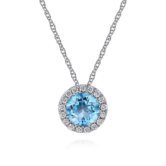 Gabriel & Co. Round Swiss Blue Topaz And Diamond Halo Pendant Necklace