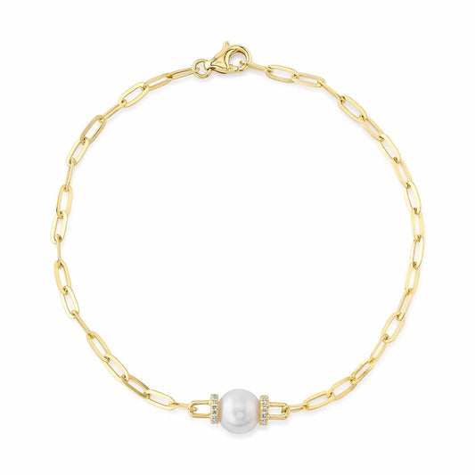 Shy Creation Diamond & Cultured Pearl Paper Clip Link Bracelet