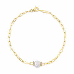 Shy Creation Diamond & Cultured Pearl Paper Clip Link Bracelet
